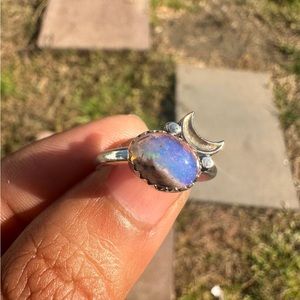 Light blue fire opal ring with 14k gold moon